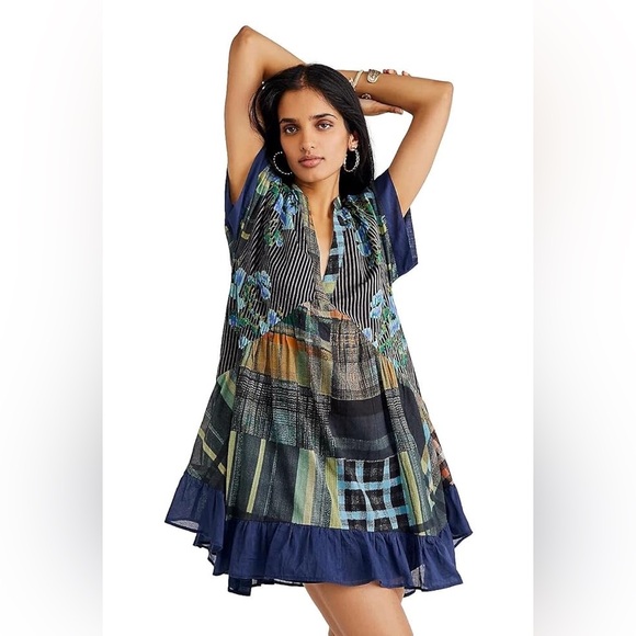 Free People Floral Plaid Printed Agnes V-Neck Swing Mini Dress Navy Blue Green - Picture 2 of 10